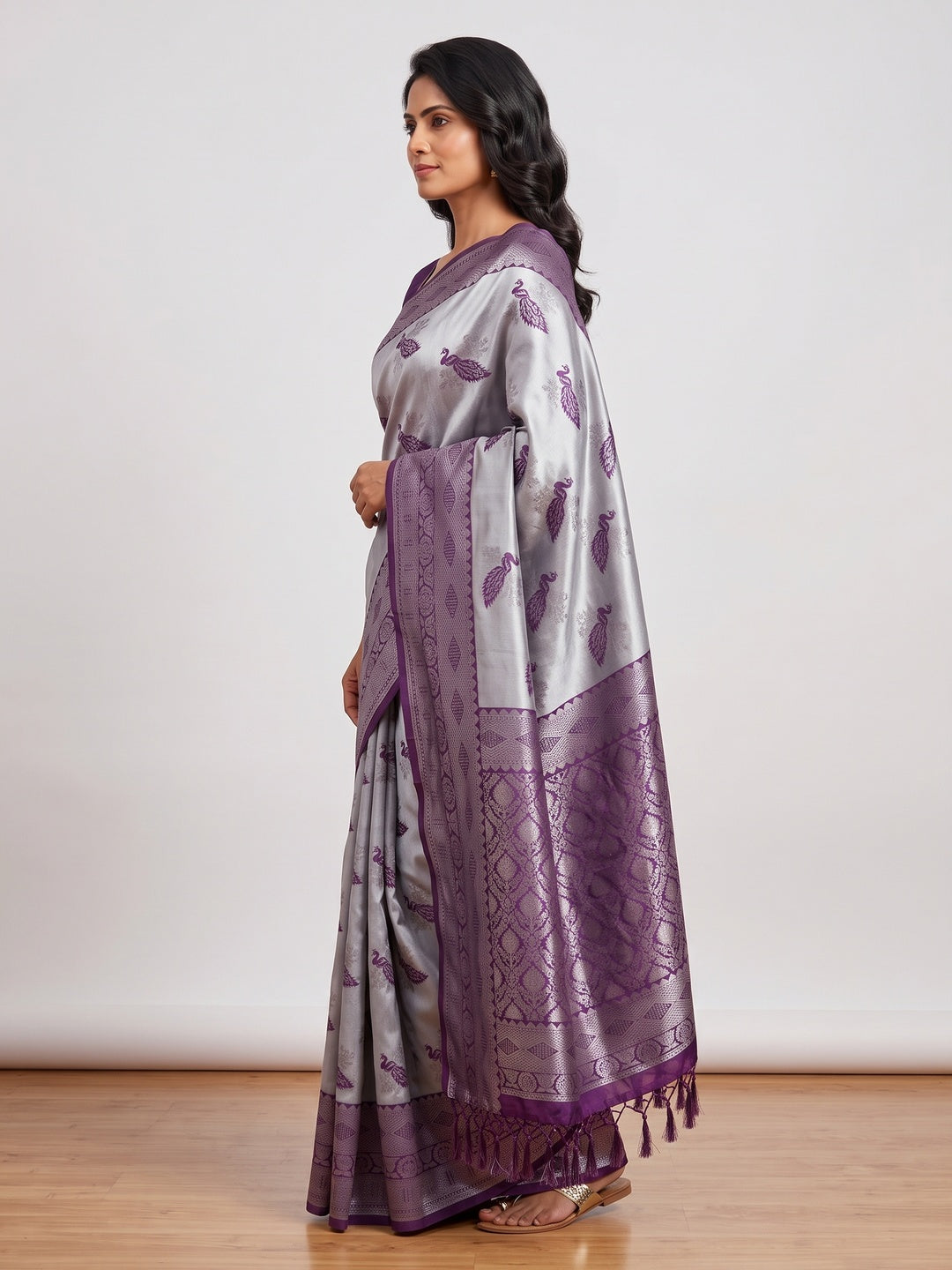 Grey Banarasi Silk Saree Featuring Zari Weaving Peacock Pattern & Luxe Tassels - Image 3