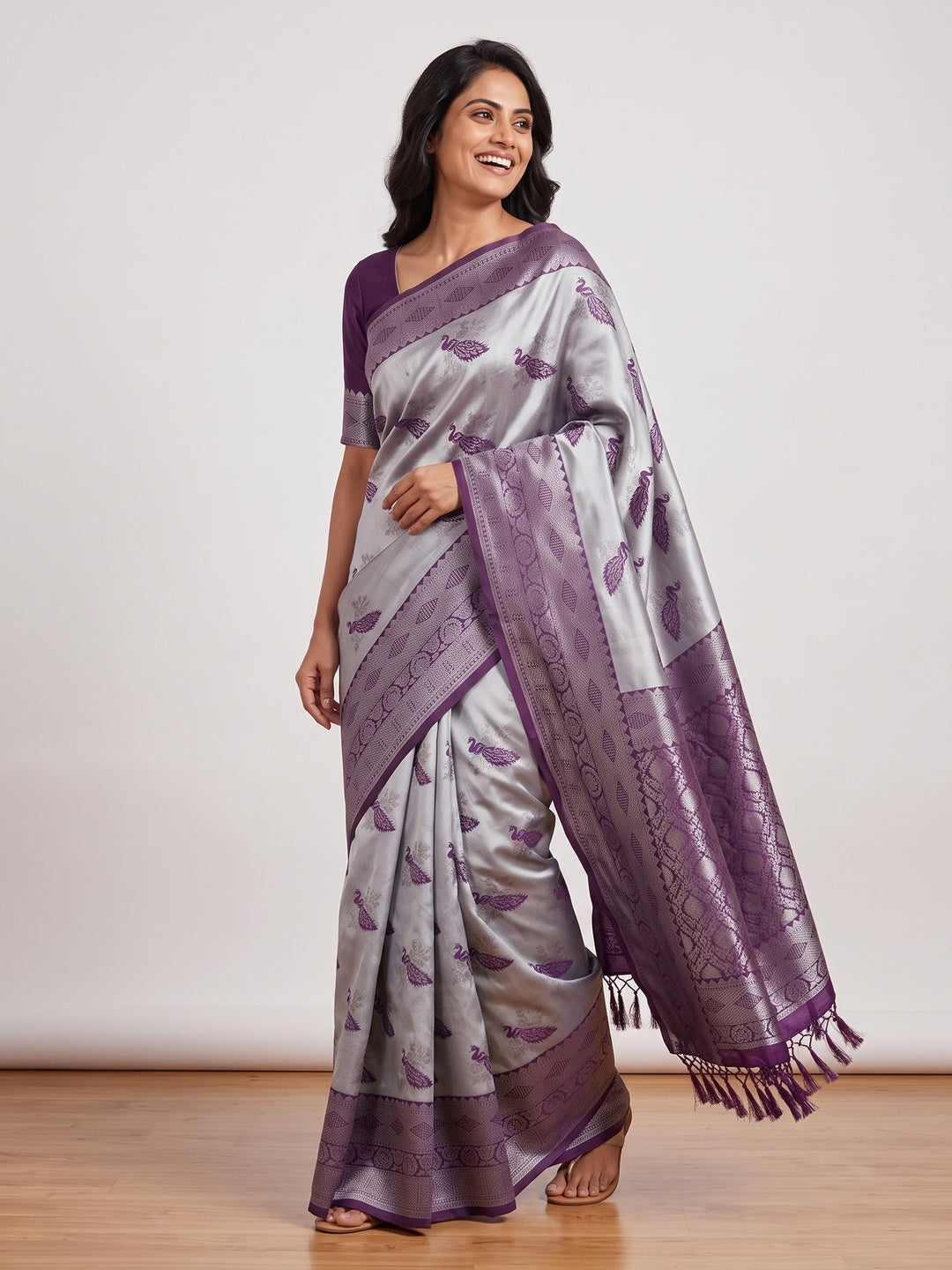 Grey Banarasi Silk Saree Featuring Zari Weaving Peacock Pattern & Luxe Tassels - Image 4