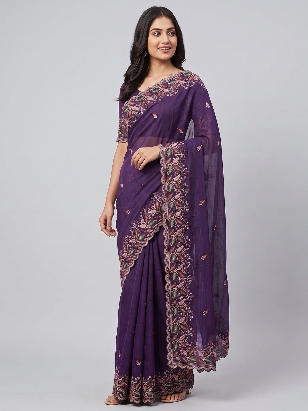 Mesmerizing Purple Chiffon Saree Showcasing Artistic Floral Embroidery For A Luxurious Appeal - Image 4