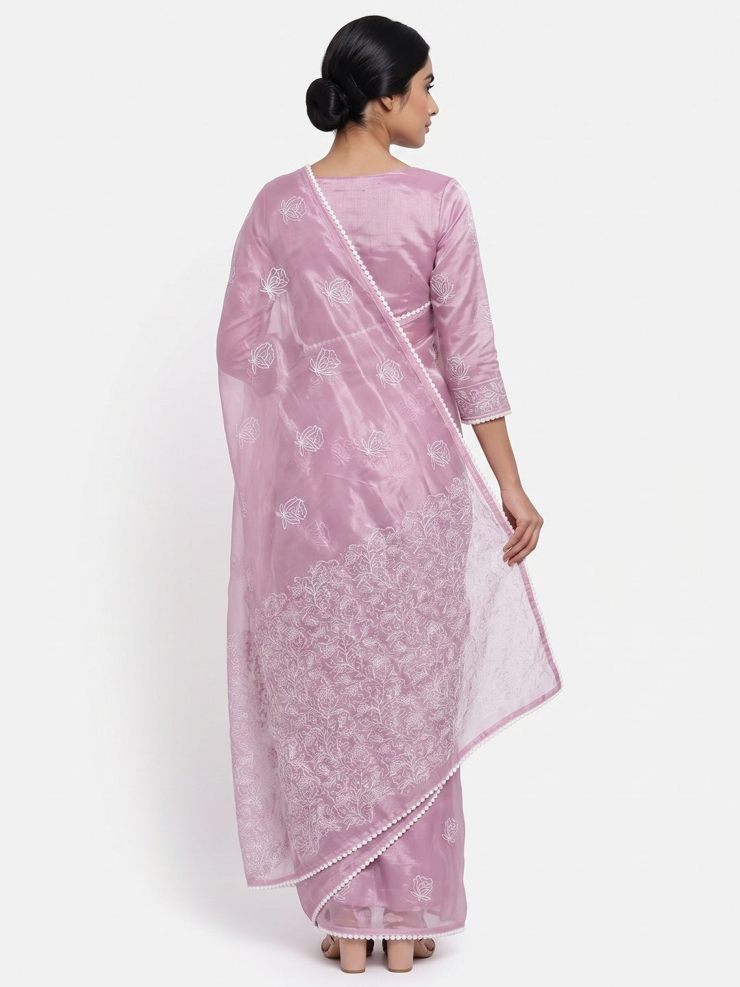 Pink Floral Embroidered Net Saree - Image 6