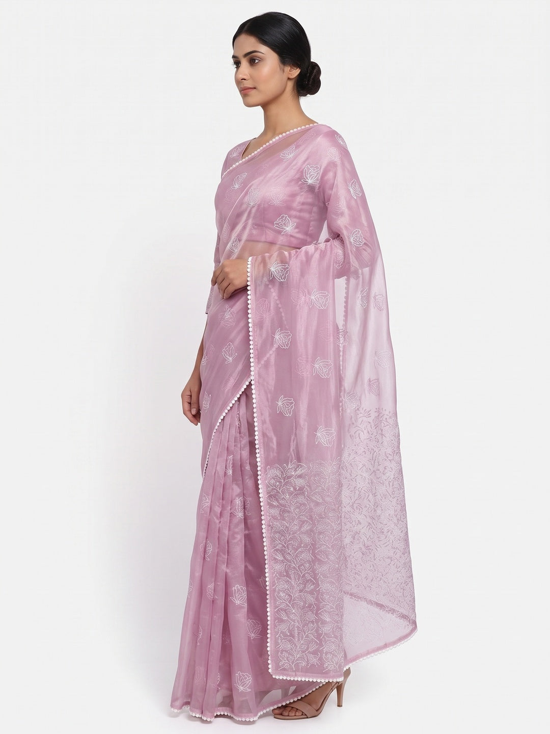 Pink Floral Embroidered Net Saree - Image 7