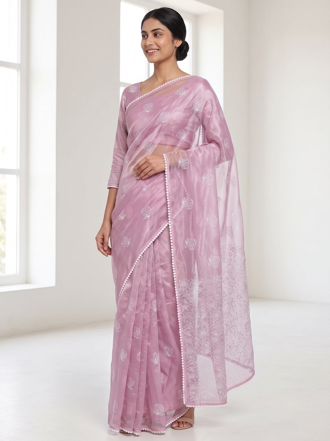 Pink Floral Embroidered Net Saree - Image 8