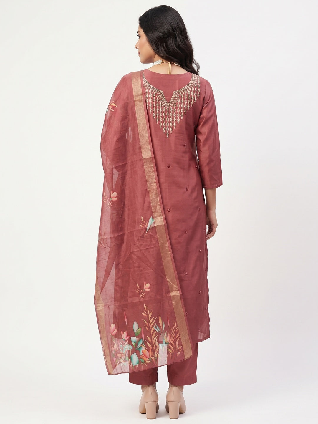 Festive Maroon Floral Embroidered Art Silk Dress Material with Fine Thread Work - Image 2
