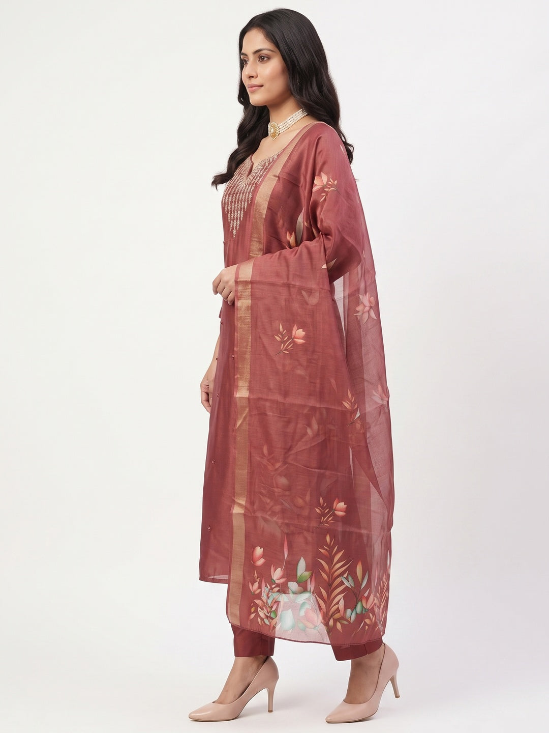 Festive Maroon Floral Embroidered Art Silk Dress Material with Fine Thread Work - Image 3