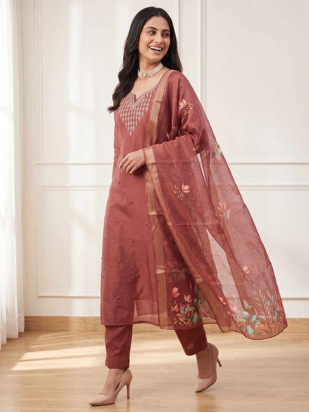 Festive Maroon Floral Embroidered Art Silk Dress Material with Fine Thread Work - Image 4