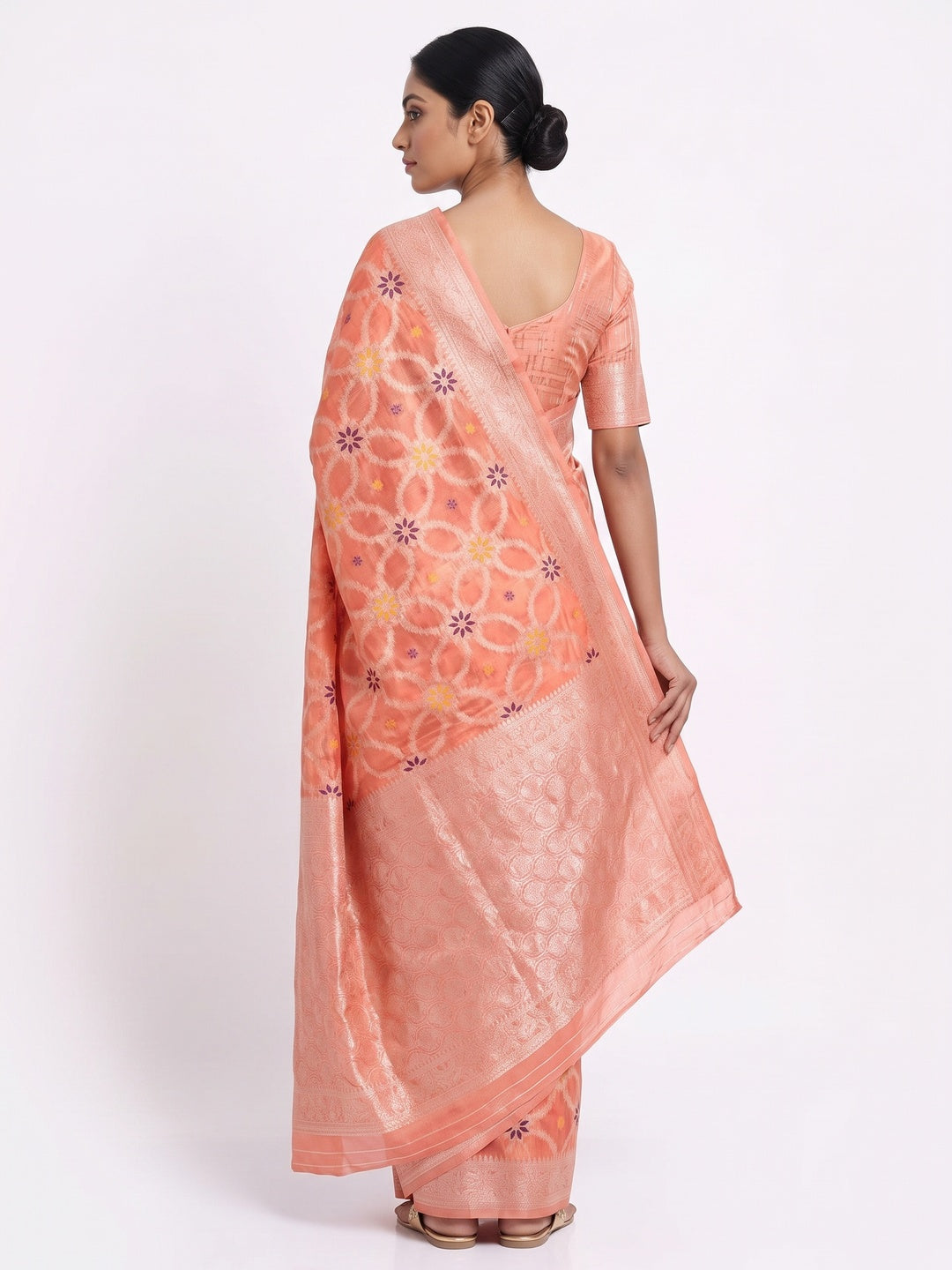 Rich Peach Saree in Banarasi Silk with Heritage Floral Zari Design - Image 2