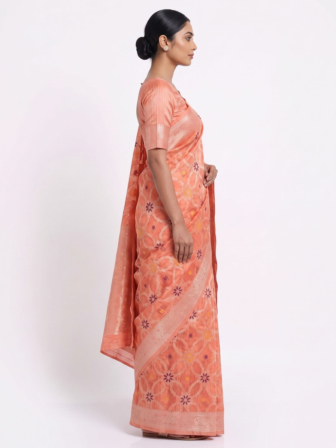 Rich Peach Saree in Banarasi Silk with Heritage Floral Zari Design - Image 3