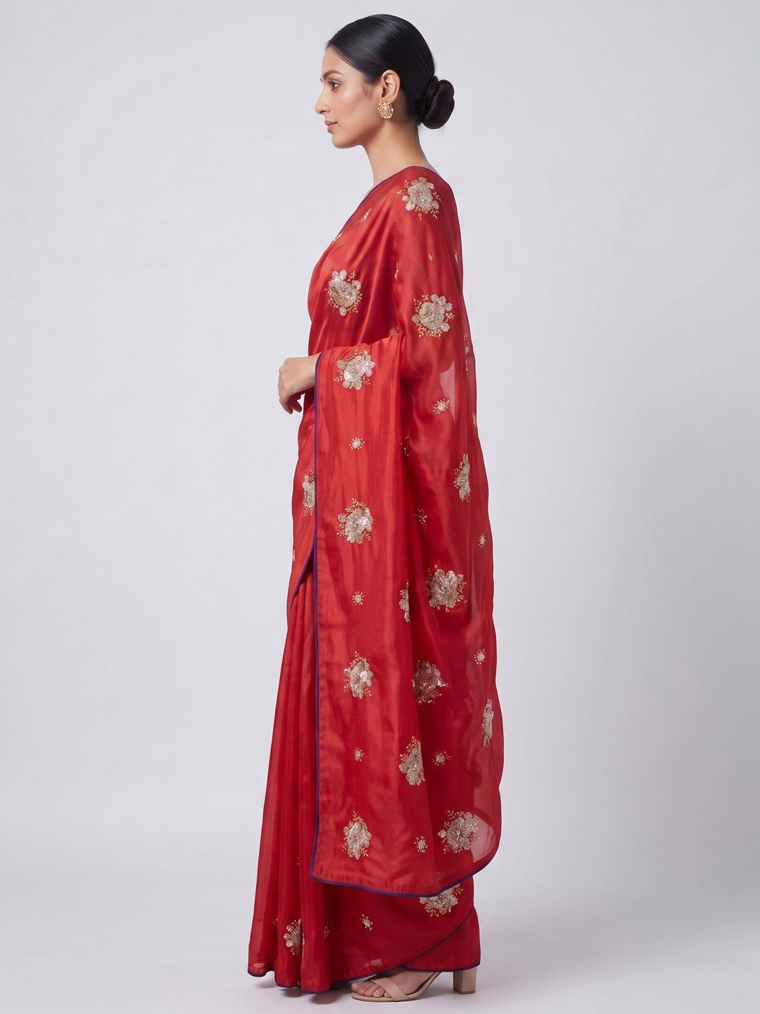 Party Wear Red Satin Silk Saree with Intricate Bead and Sequin Detailing - Image 3