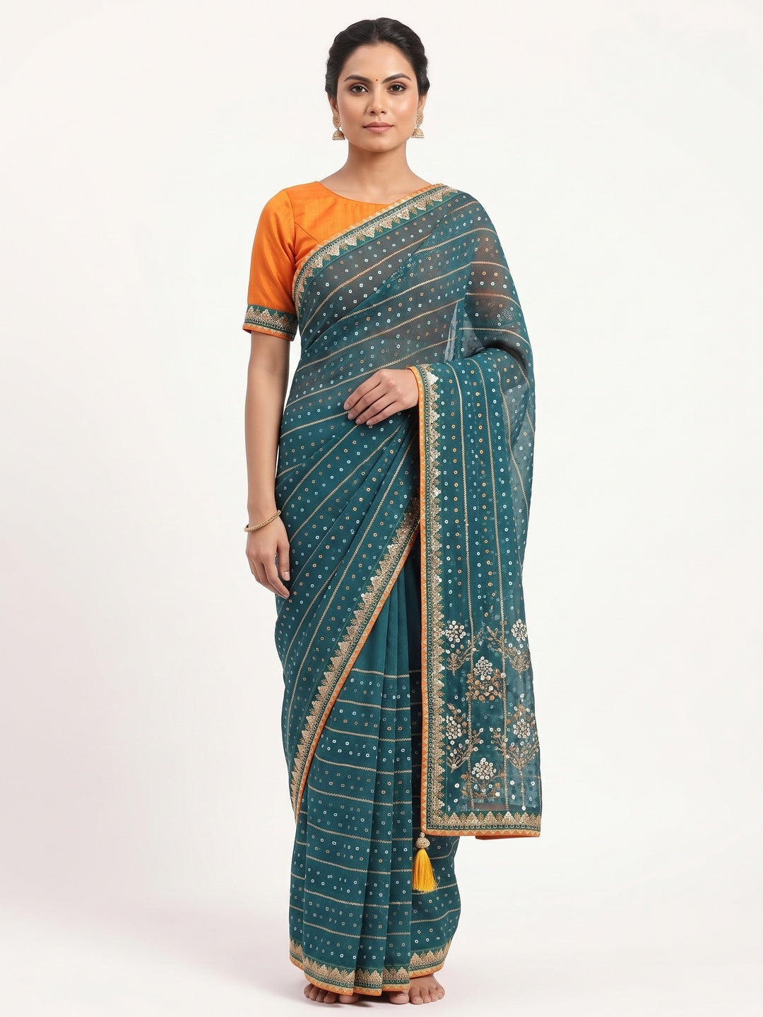 Charming Teal Bandhani Printed Georgette Saree With Glittering Sequins & Zari Border - Image 6