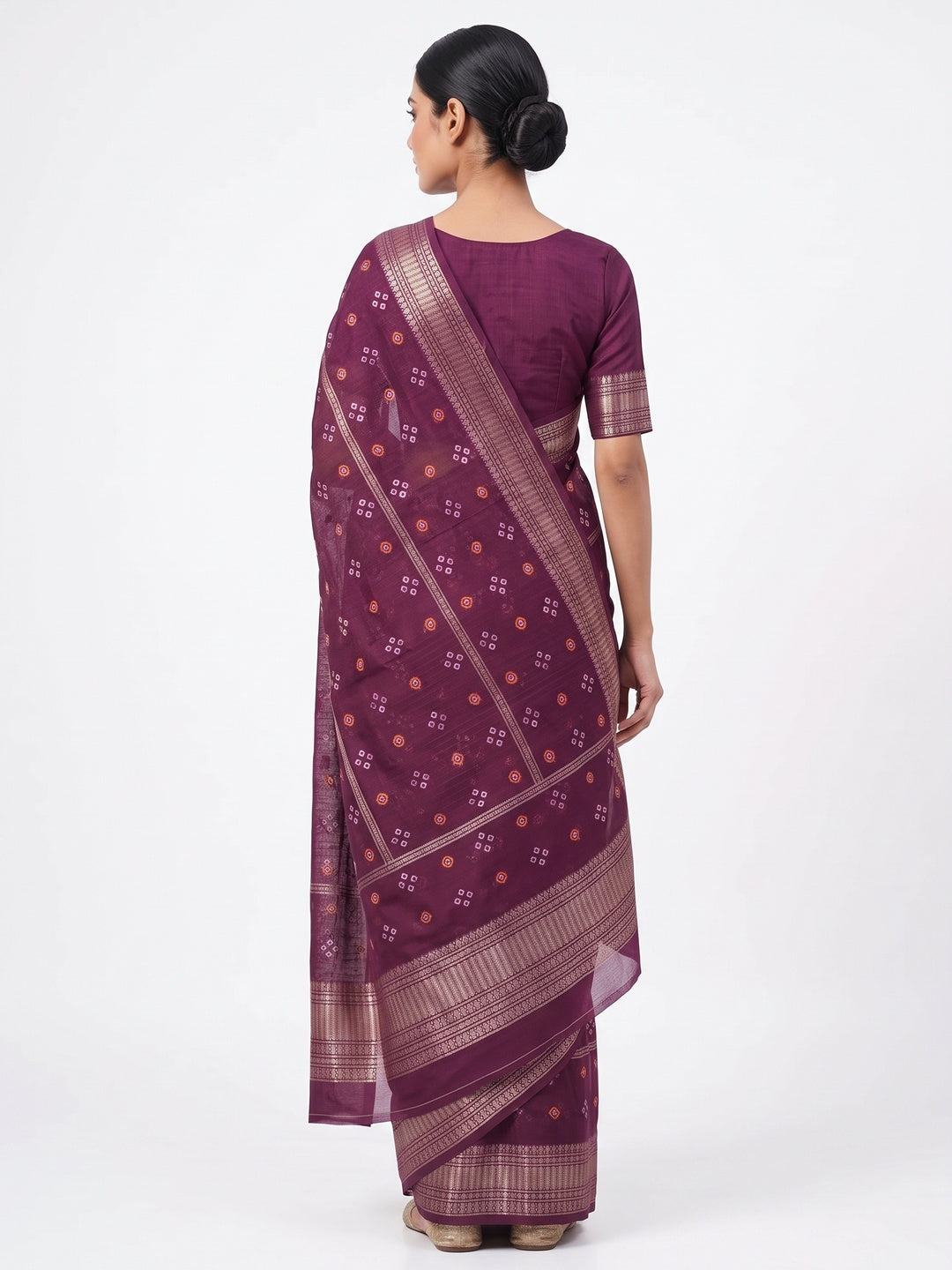 Classic Wine Art Silk Saree With Striped Weaving & Traditional Bandhani Print - Image 2