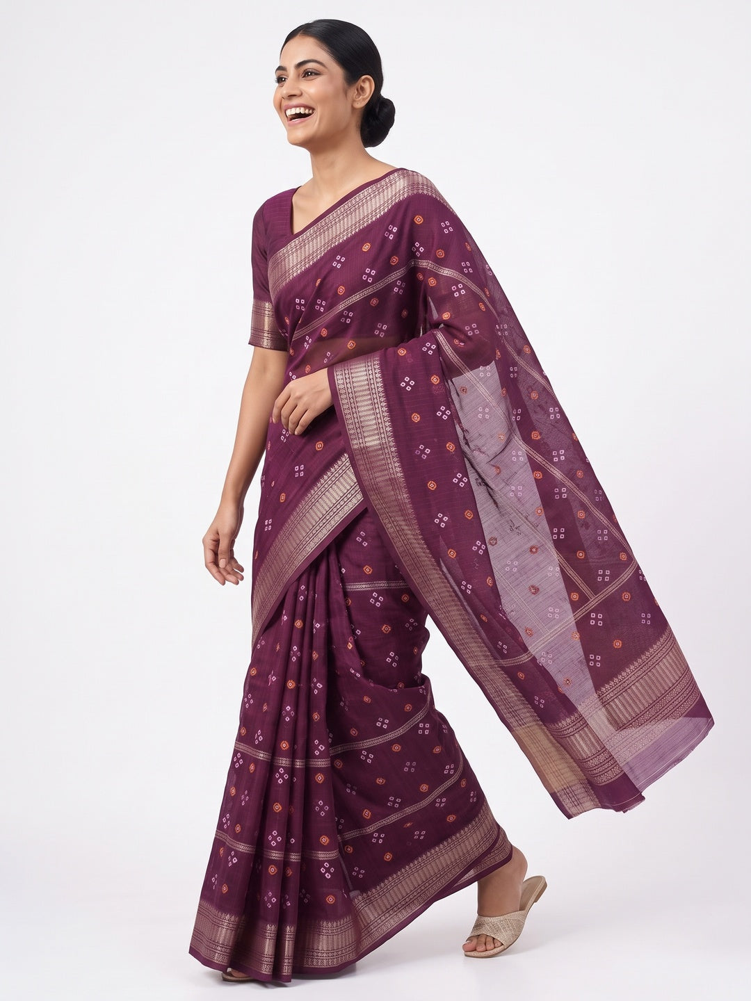 Classic Wine Art Silk Saree With Striped Weaving & Traditional Bandhani Print - Image 4