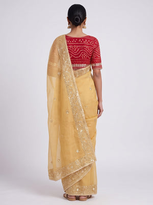 Yellow Pure Kota Doria Saree Adorned with Exquisite Gota Work Embroidery - Image 2