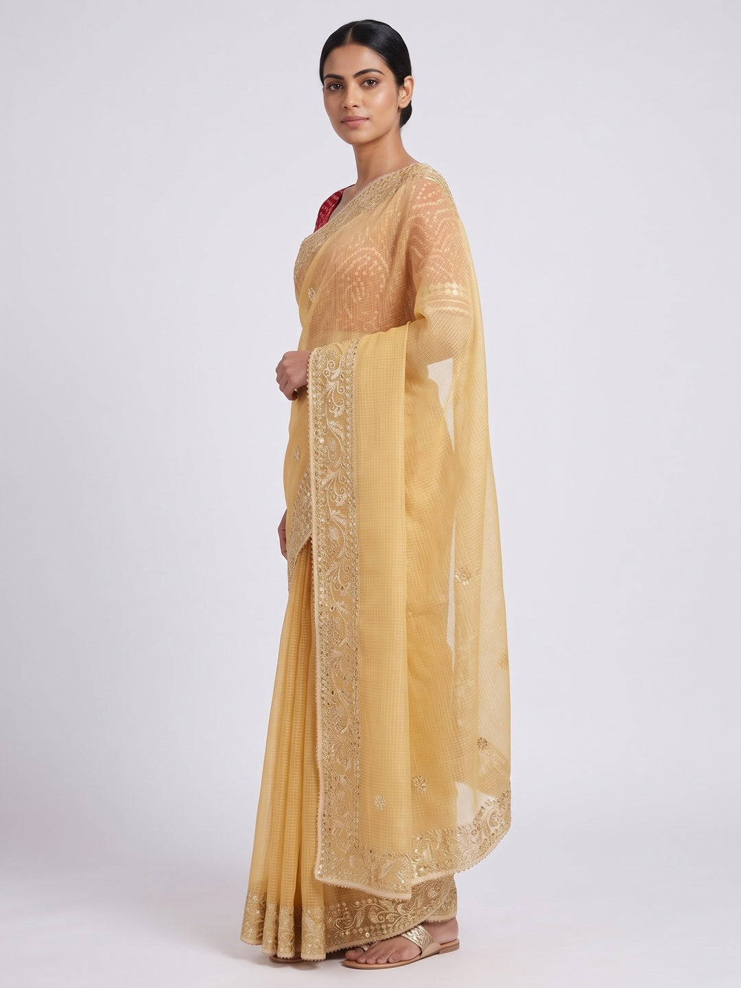 Yellow Pure Kota Doria Saree Adorned with Exquisite Gota Work Embroidery - Image 3