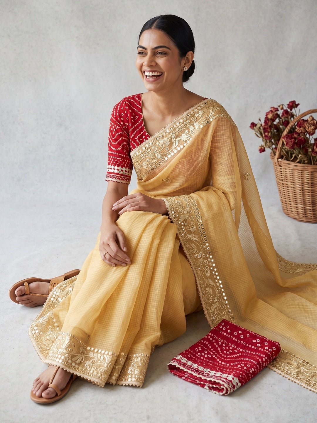 Yellow Pure Kota Doria Saree Adorned with Exquisite Gota Work Embroidery - Image 4