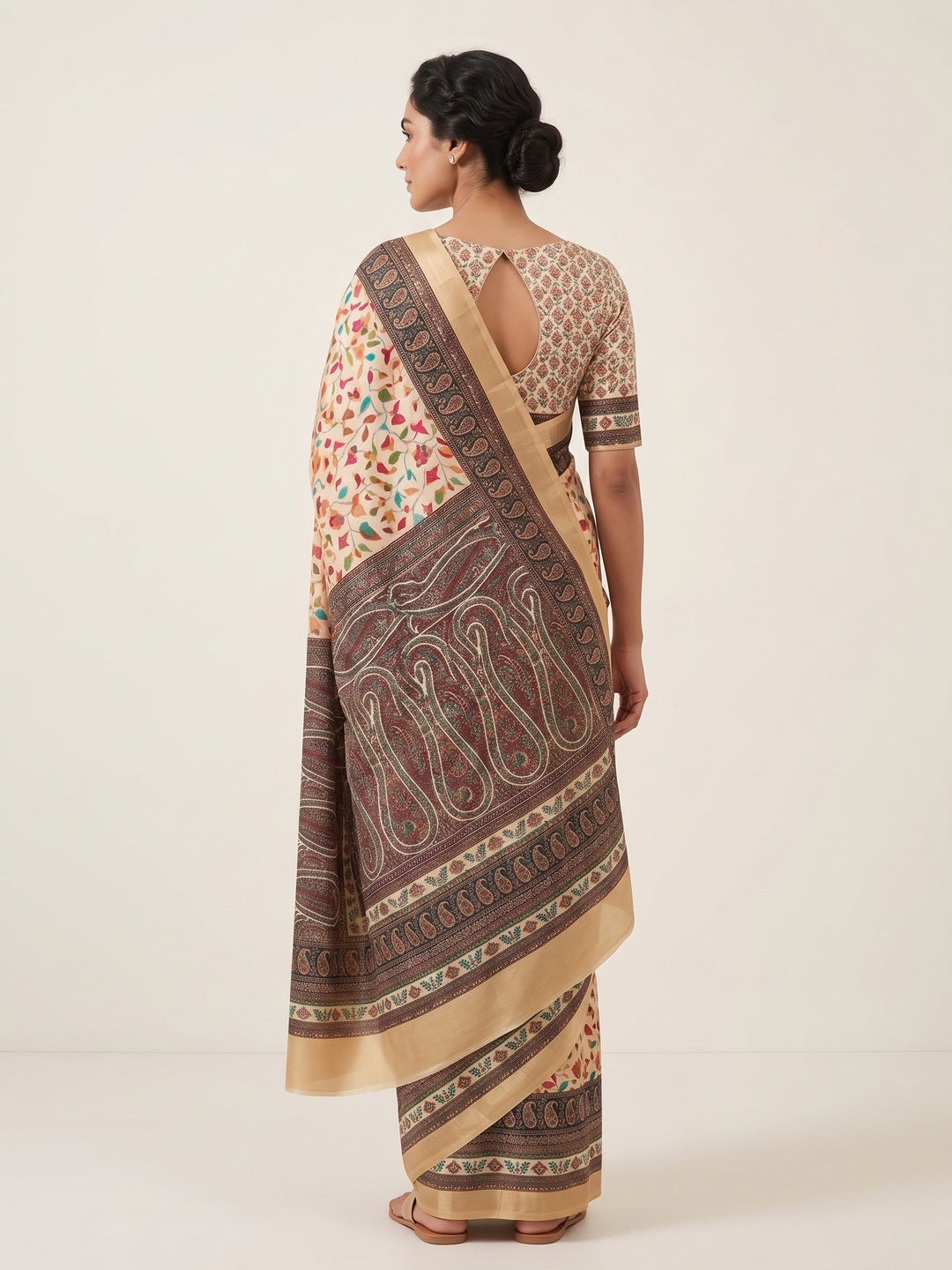 Cream Floral Digital Printed Pashmina Saree - Image 2