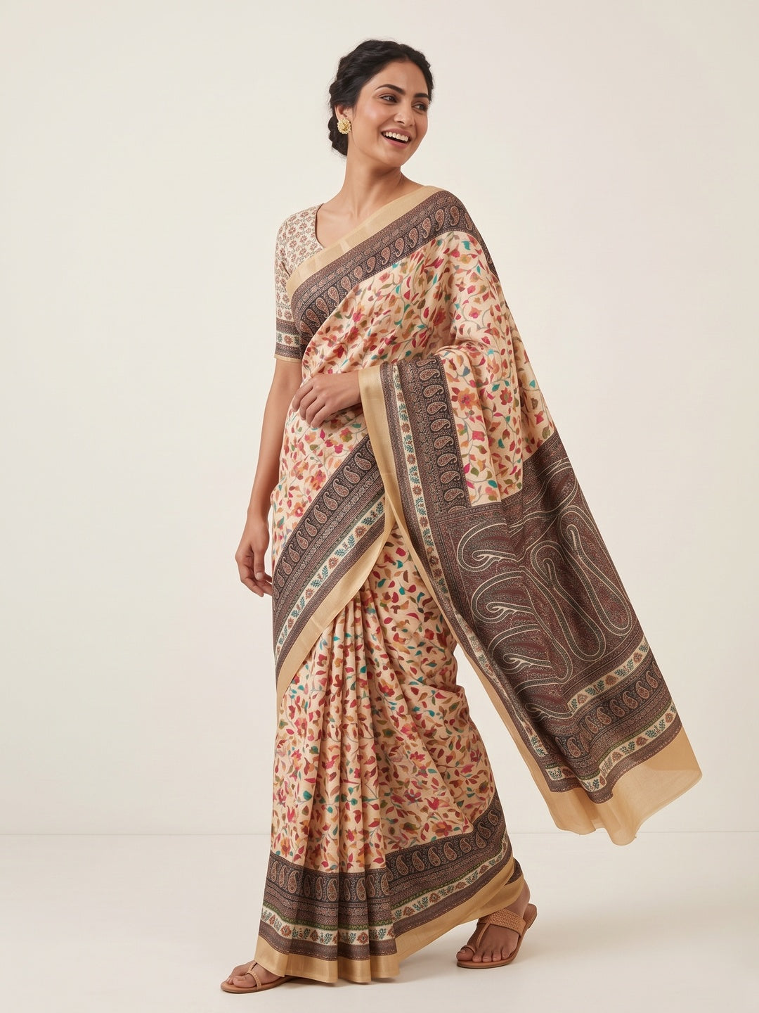 Cream Floral Digital Printed Pashmina Saree - Image 4