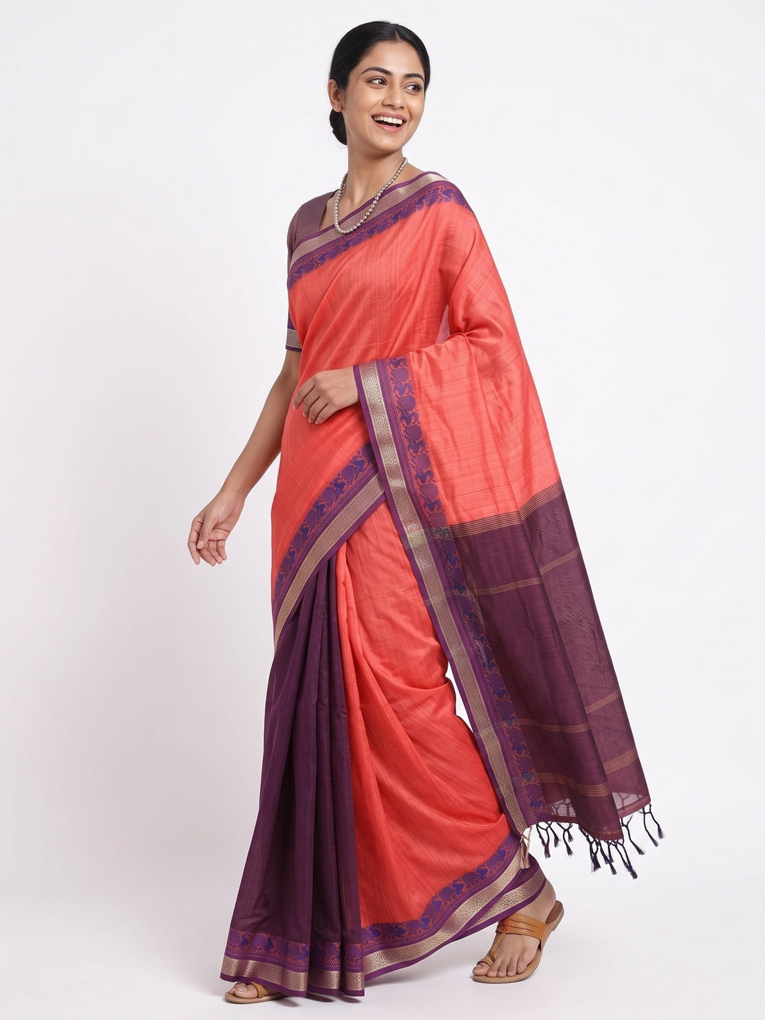 Coral Red Pure Handloom Silk Saree with an Elegantly Woven Jacquard Border - Image 4