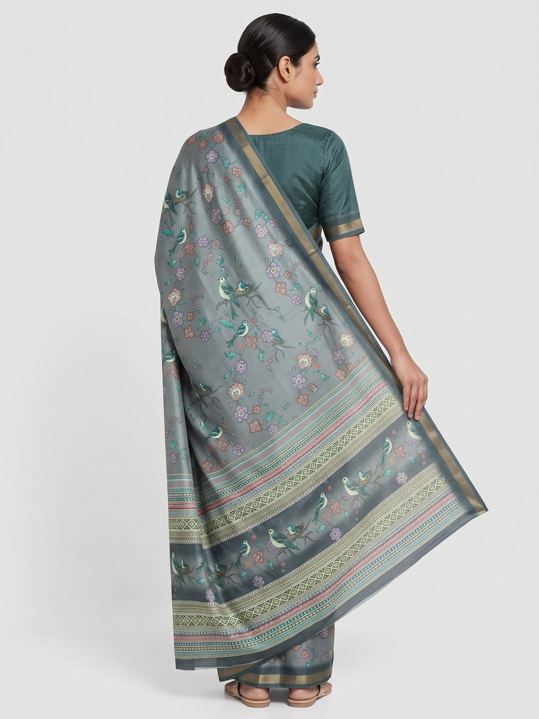 Grey Floral & Bird Digital Printed Dola Silk Saree With Elegant Zari Border - Image 2