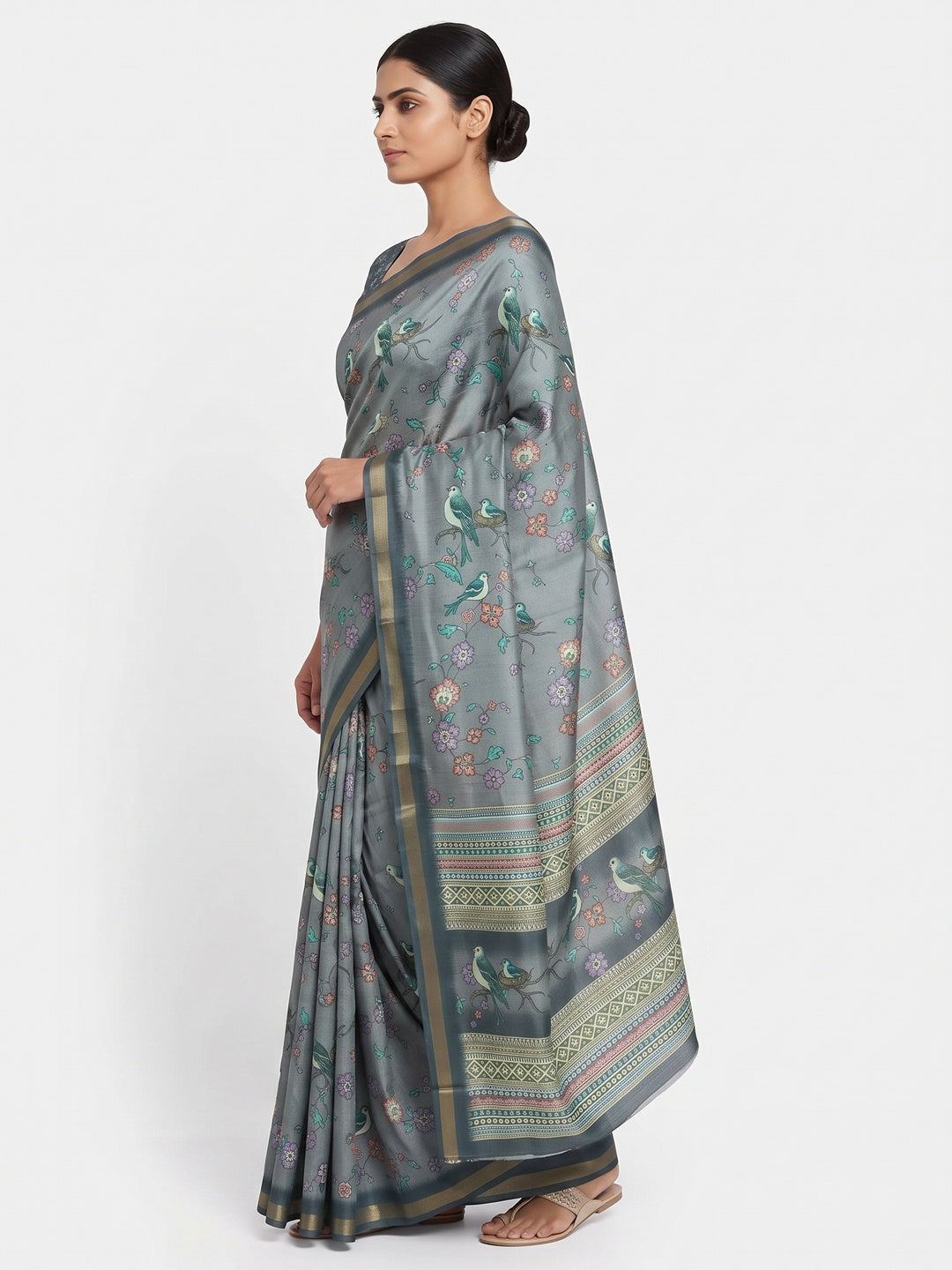 Grey Floral & Bird Digital Printed Dola Silk Saree With Elegant Zari Border - Image 3