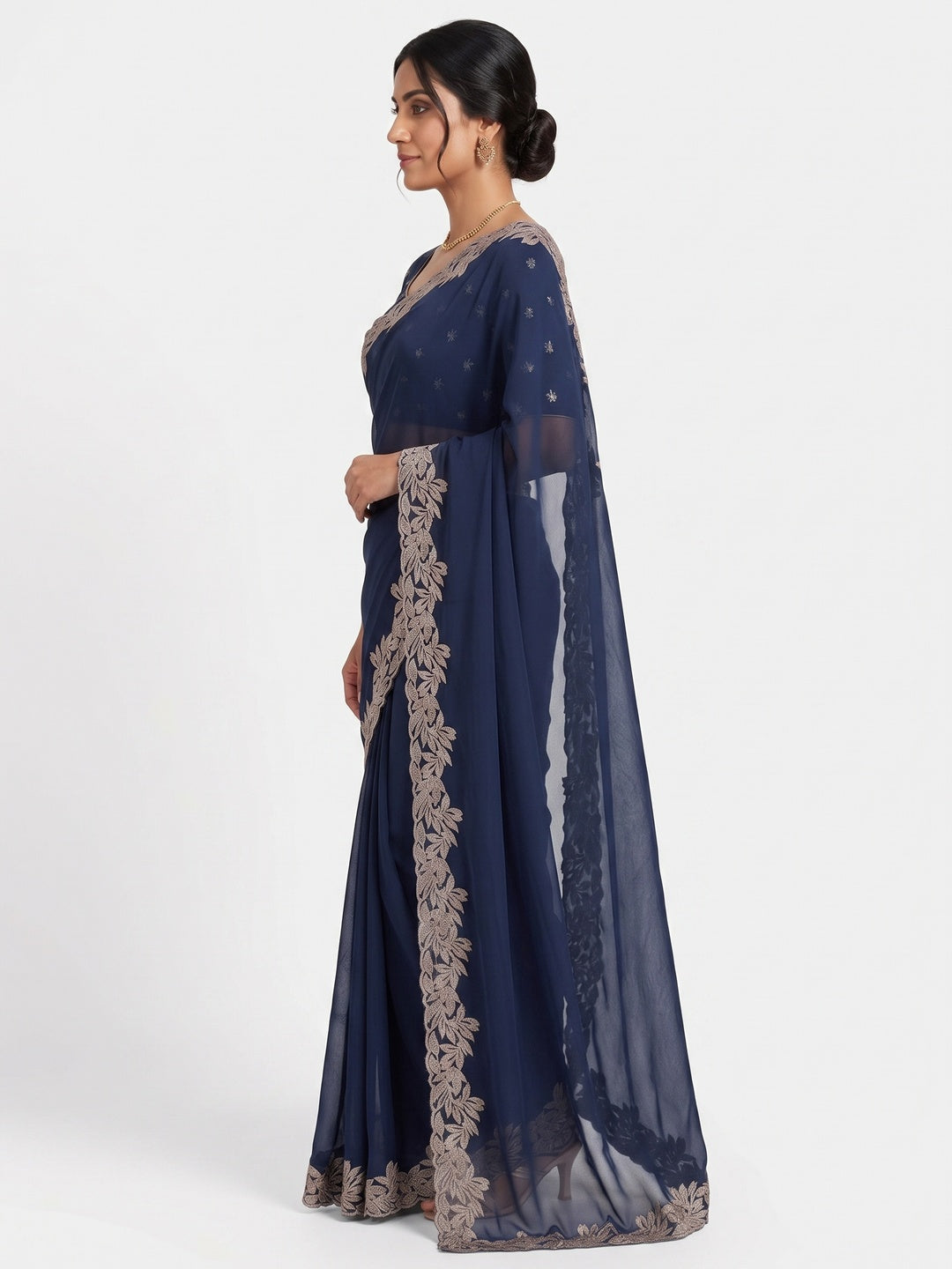Stylish Blue Star Chiffon Saree with Traditional Zari Embellished Border - Image 3