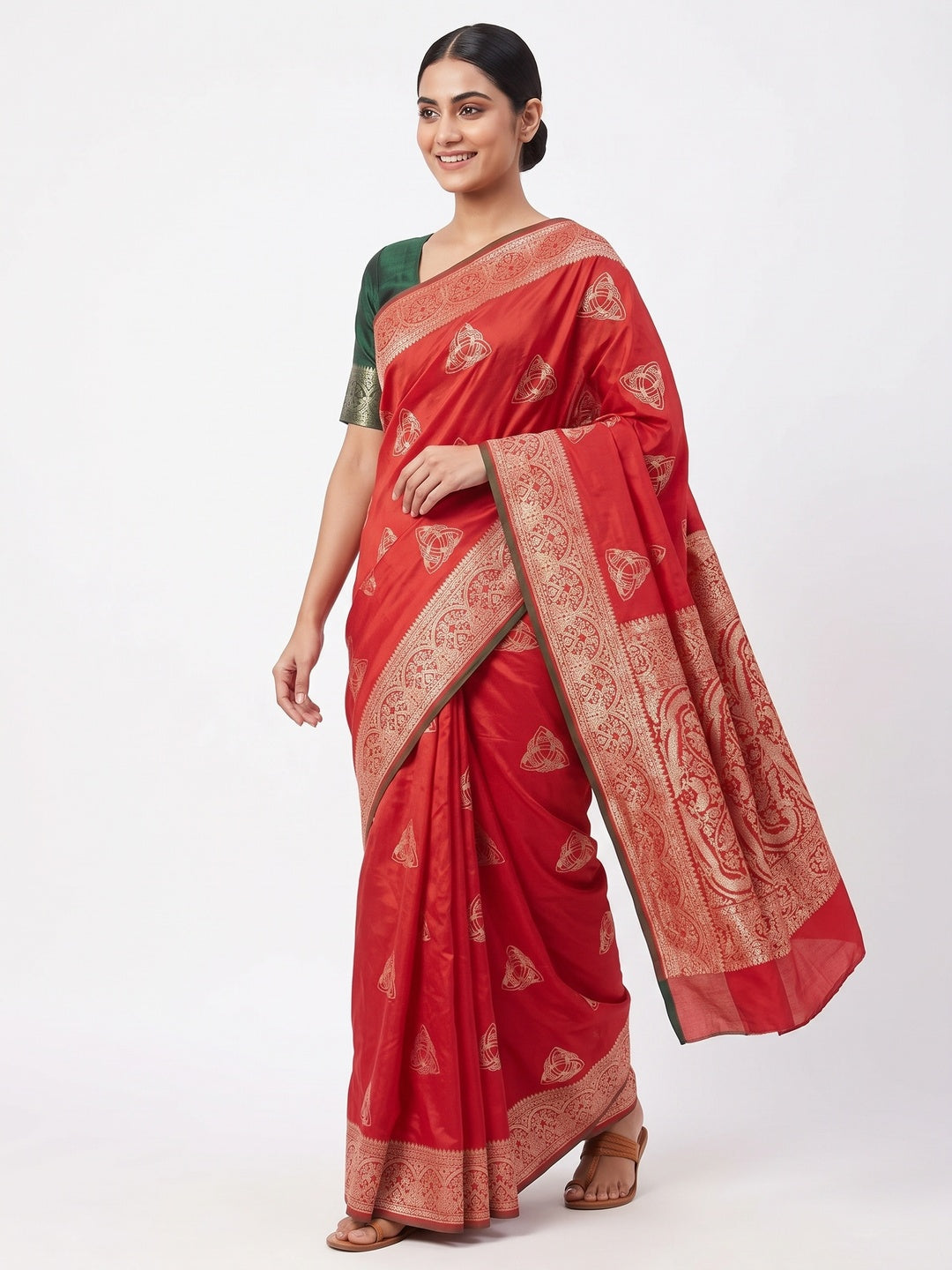 Red Festive Wear Muslin Soft Saree Enriched with Intricate Meenakari Zari Designs - Image 4