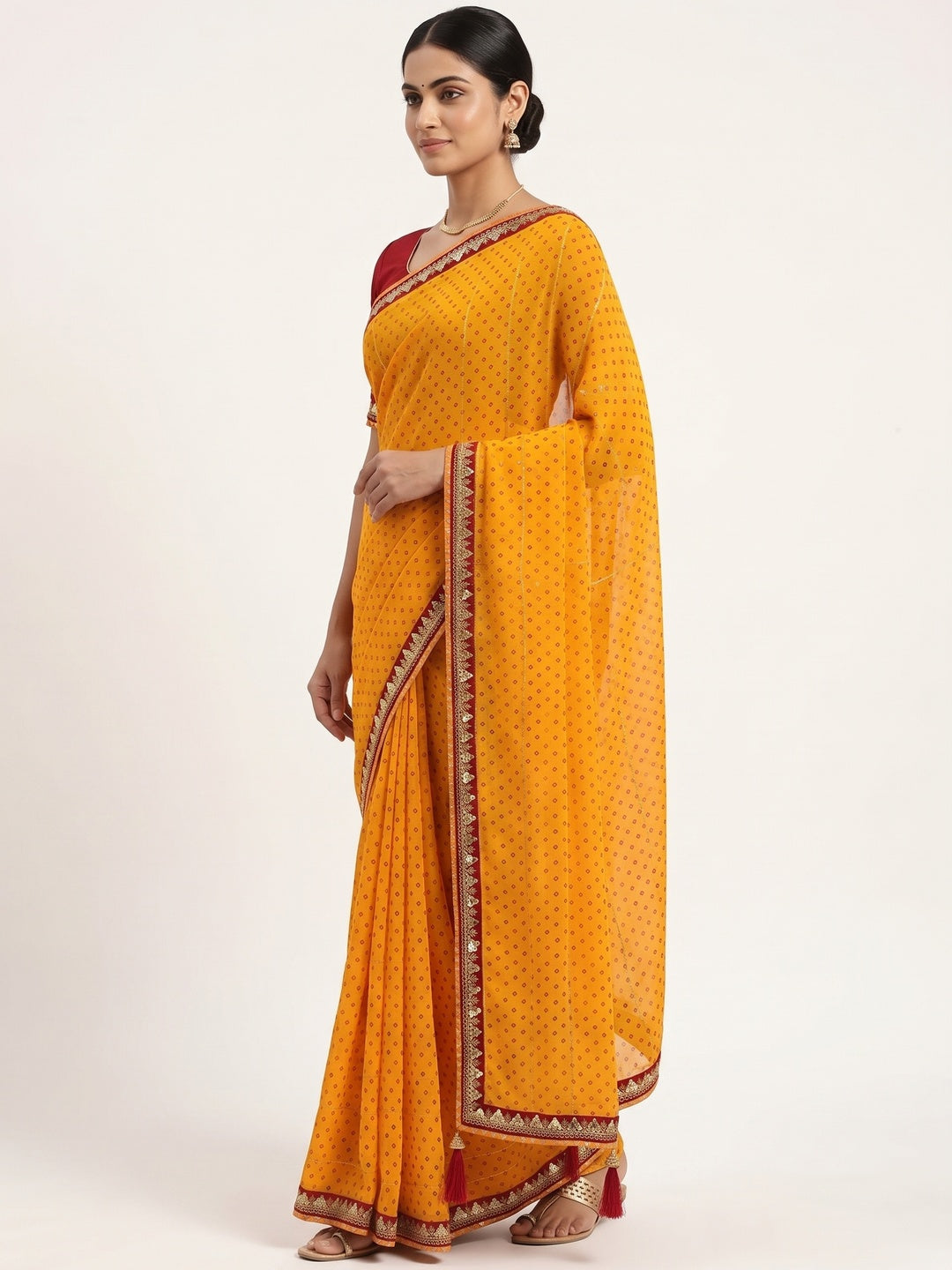 Charming Mustard Bandhani Printed Georgette Saree With Glittering Sequins & Zari Border - Image 3