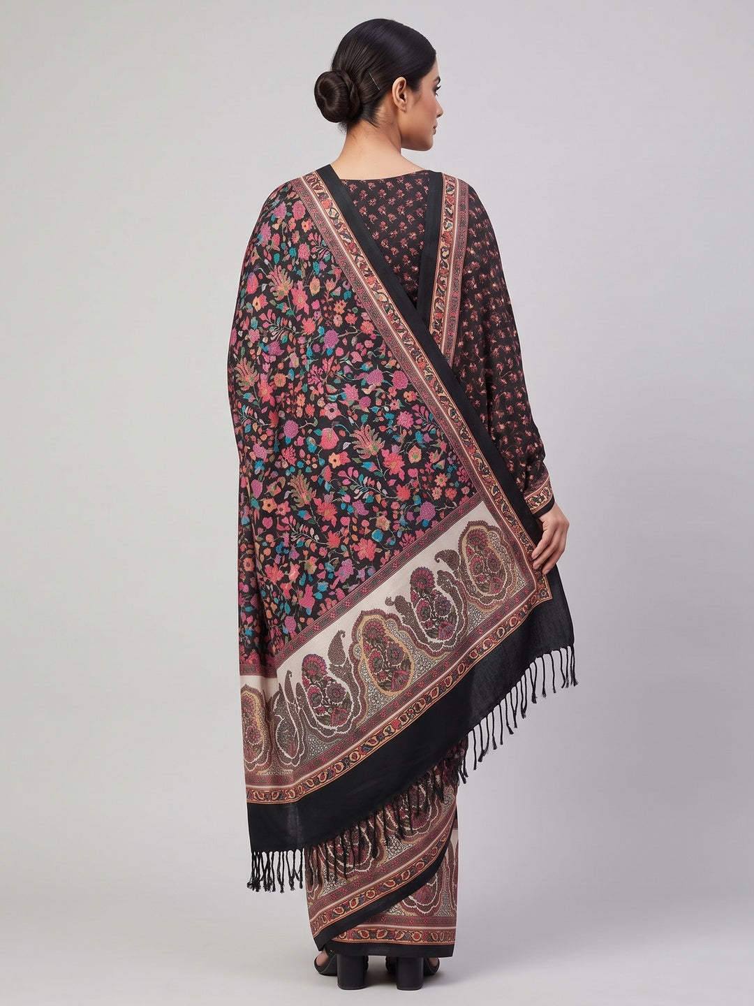 Black Floral Digital Printed Pashmina Saree With Shawl - Image 2