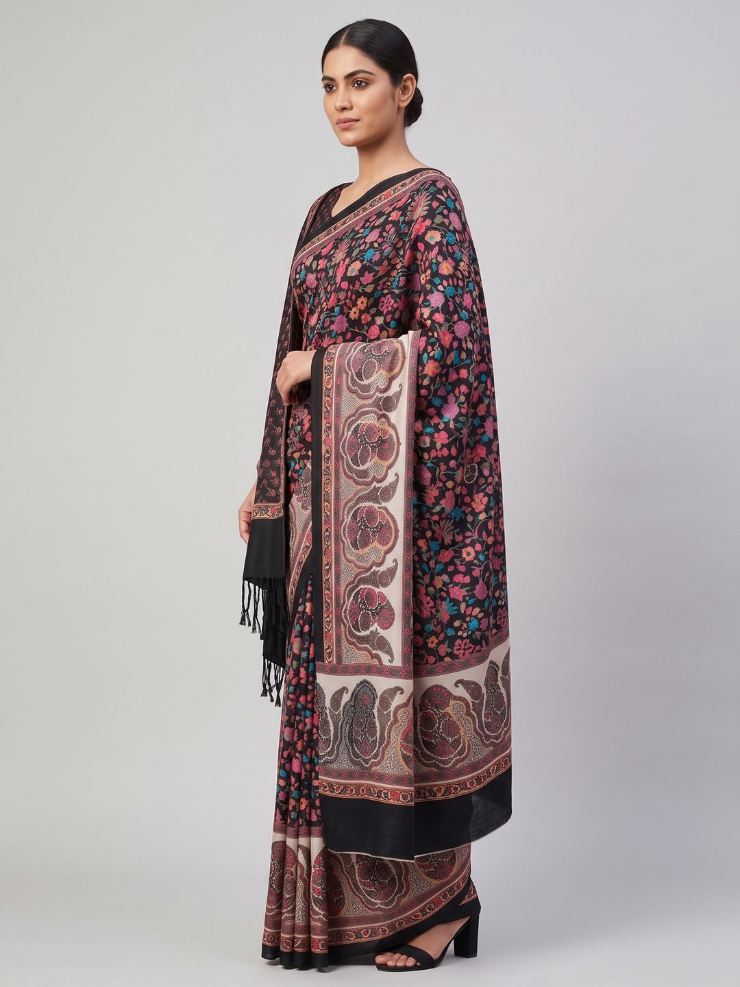 Black Floral Digital Printed Pashmina Saree With Shawl - Image 3