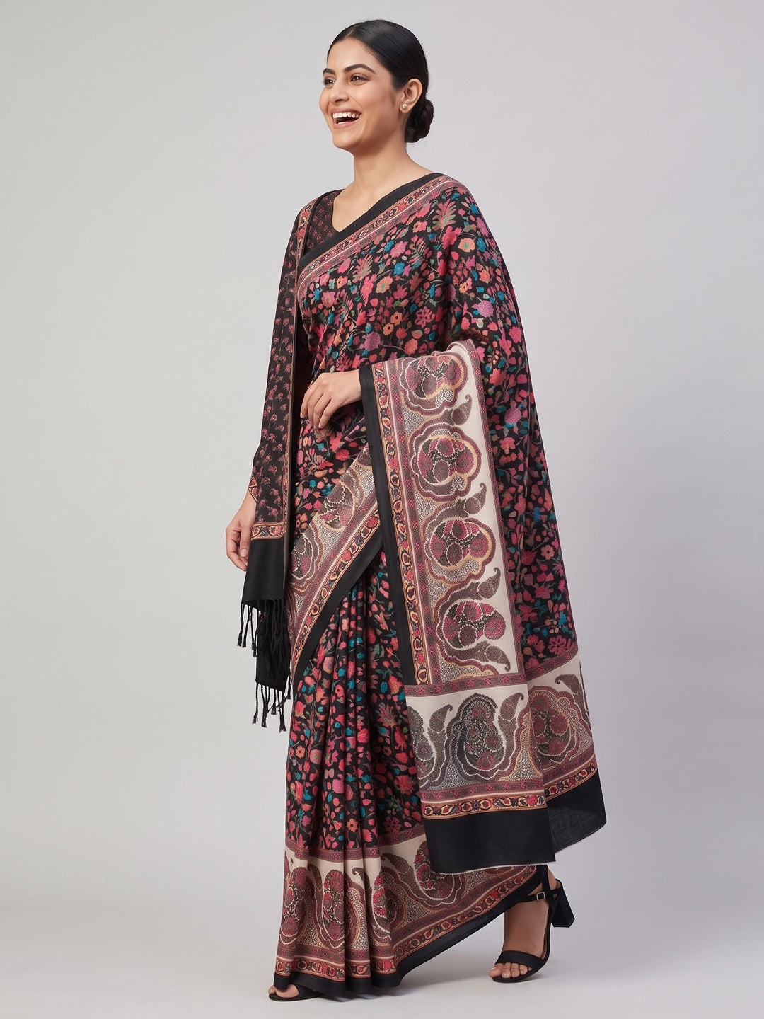 Black Floral Digital Printed Pashmina Saree With Shawl - Image 4