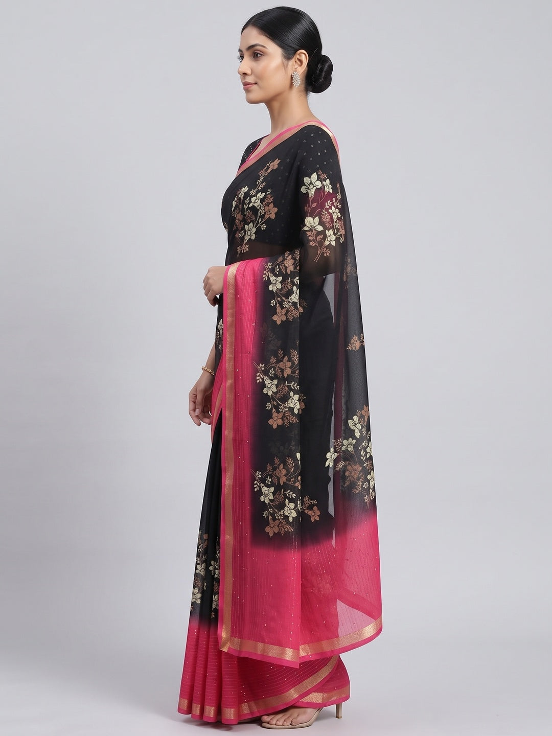 Black Floral Printed Moss Georgette Saree With Elegant Zari & Sequins Border Work - Image 3