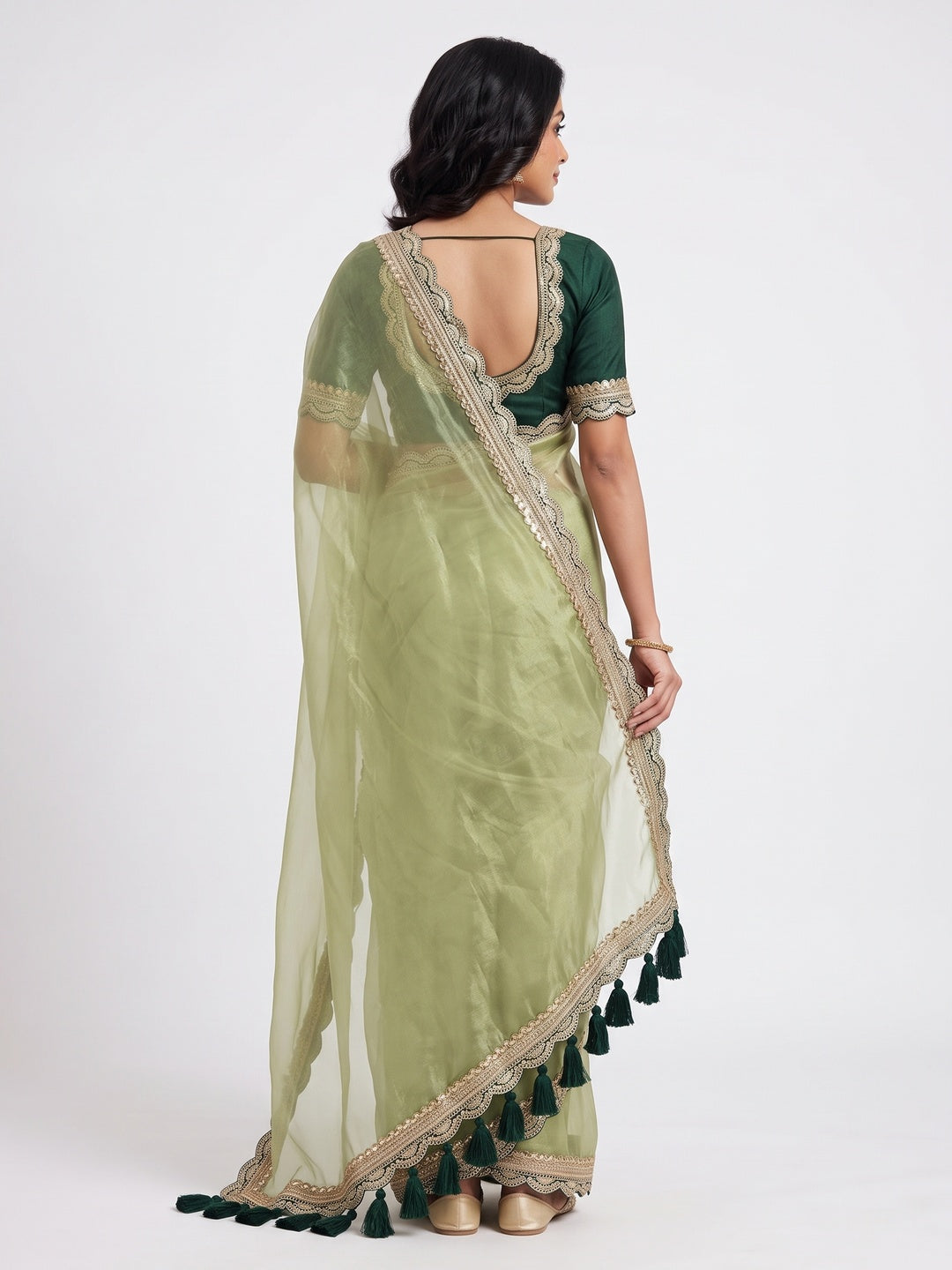 Pista Green Net Saree With Intricate Sequin Embroidery & Tassel Embellished Pallu - Image 2