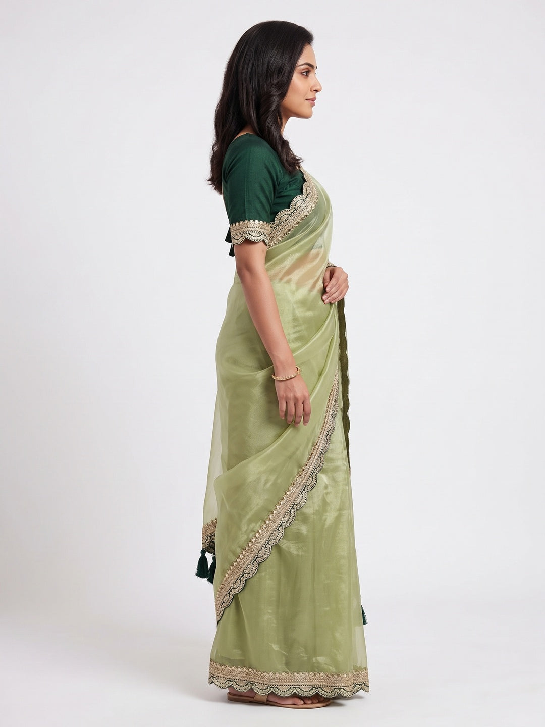 Pista Green Net Saree With Intricate Sequin Embroidery & Tassel Embellished Pallu - Image 3