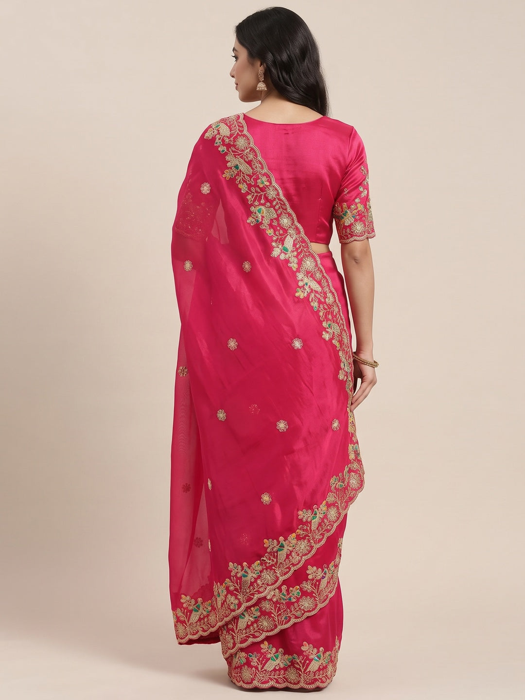 Pink Floral Embroidered Lightweight Organza Satin Silk Saree for Party and Festive Wear - Image 3