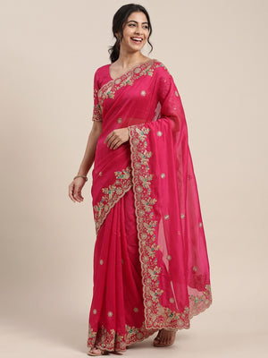 Pink Floral Embroidered Lightweight Organza Satin Silk Saree for Party and Festive Wear - Image 5