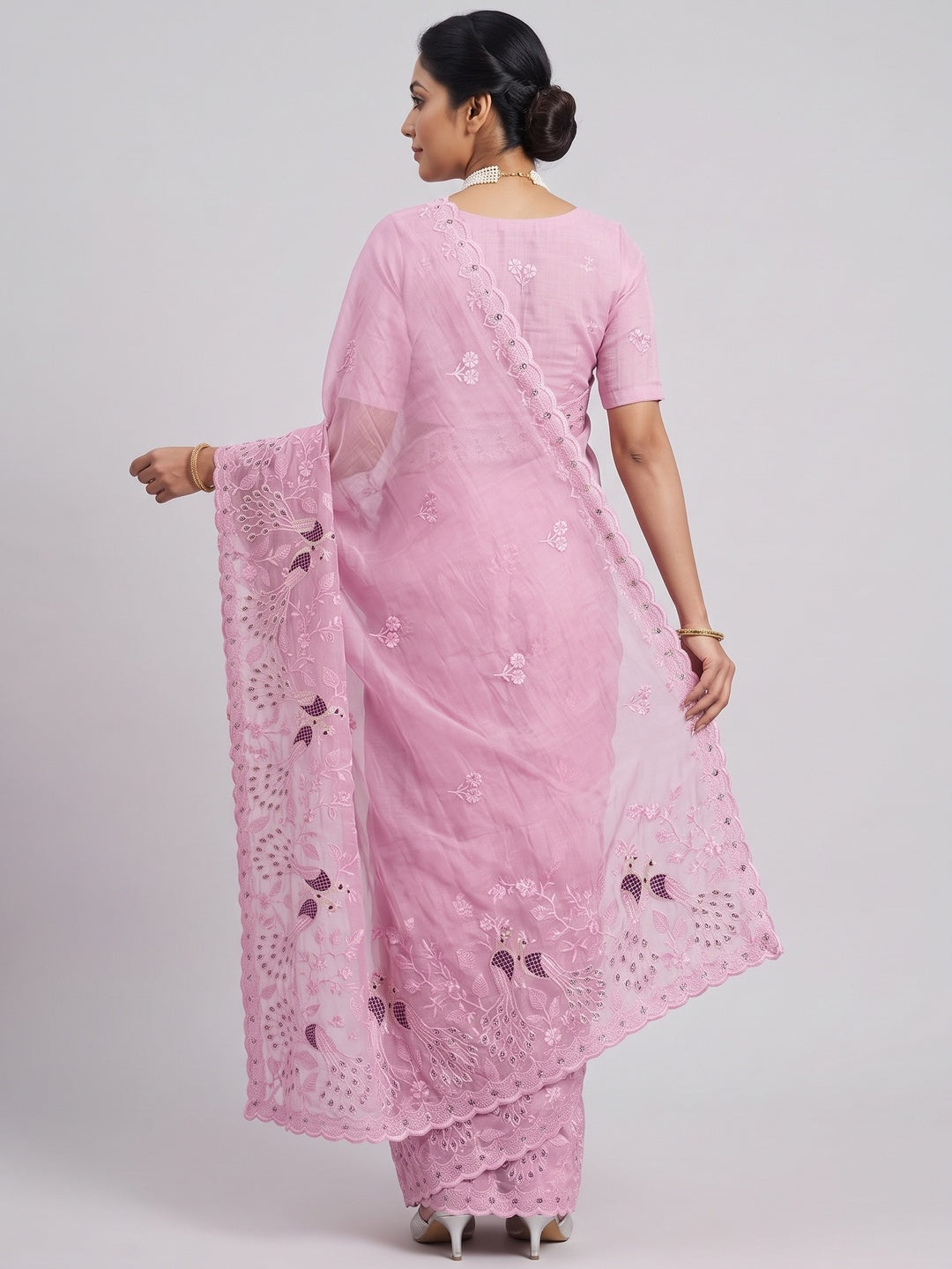 Pink Floral Sequins Embroidered Art Silk Crush Saree - Image 2