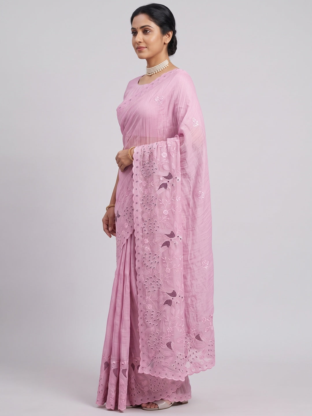 Pink Floral Sequins Embroidered Art Silk Crush Saree - Image 3