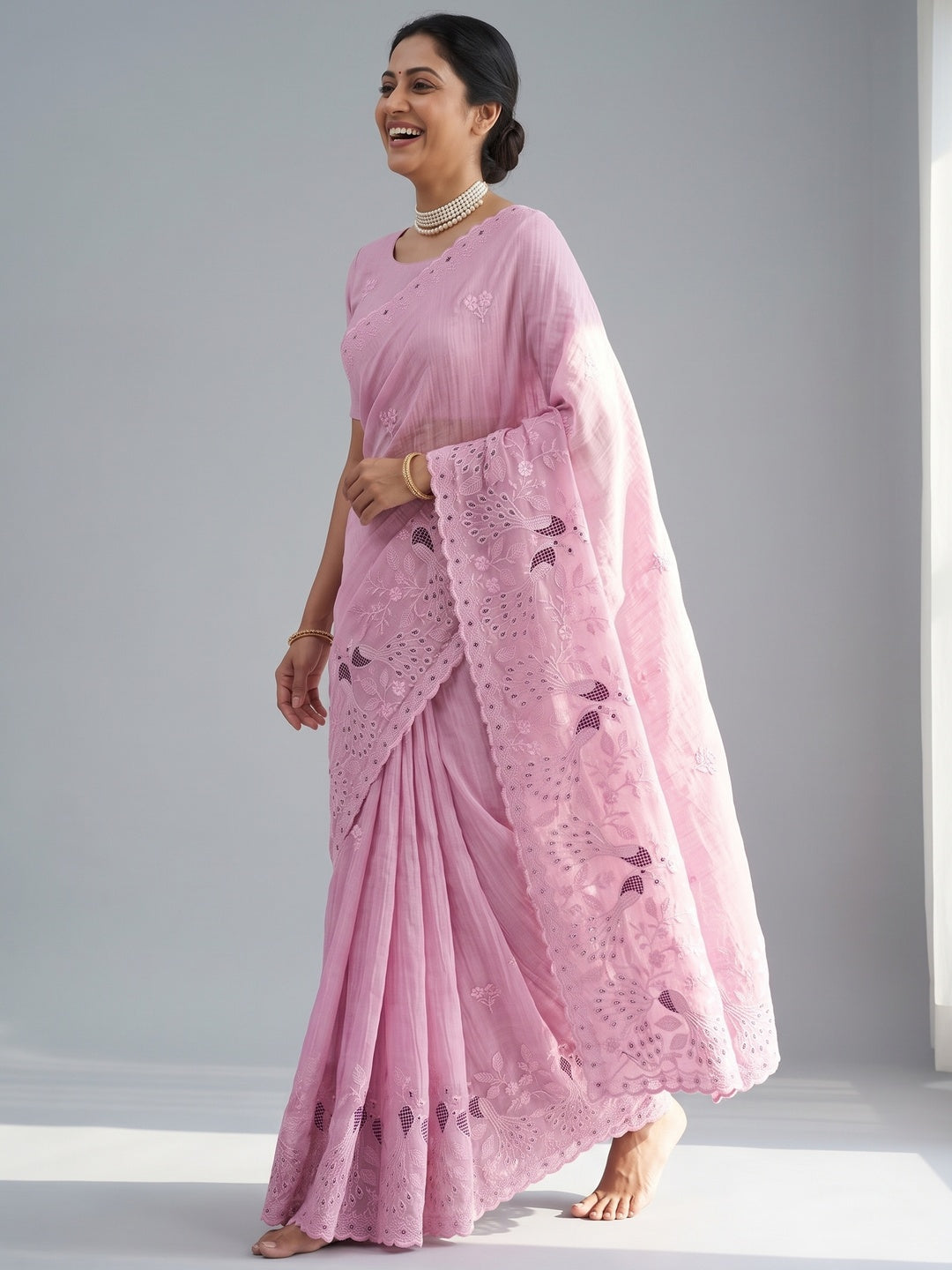 Pink Floral Sequins Embroidered Art Silk Crush Saree - Image 4