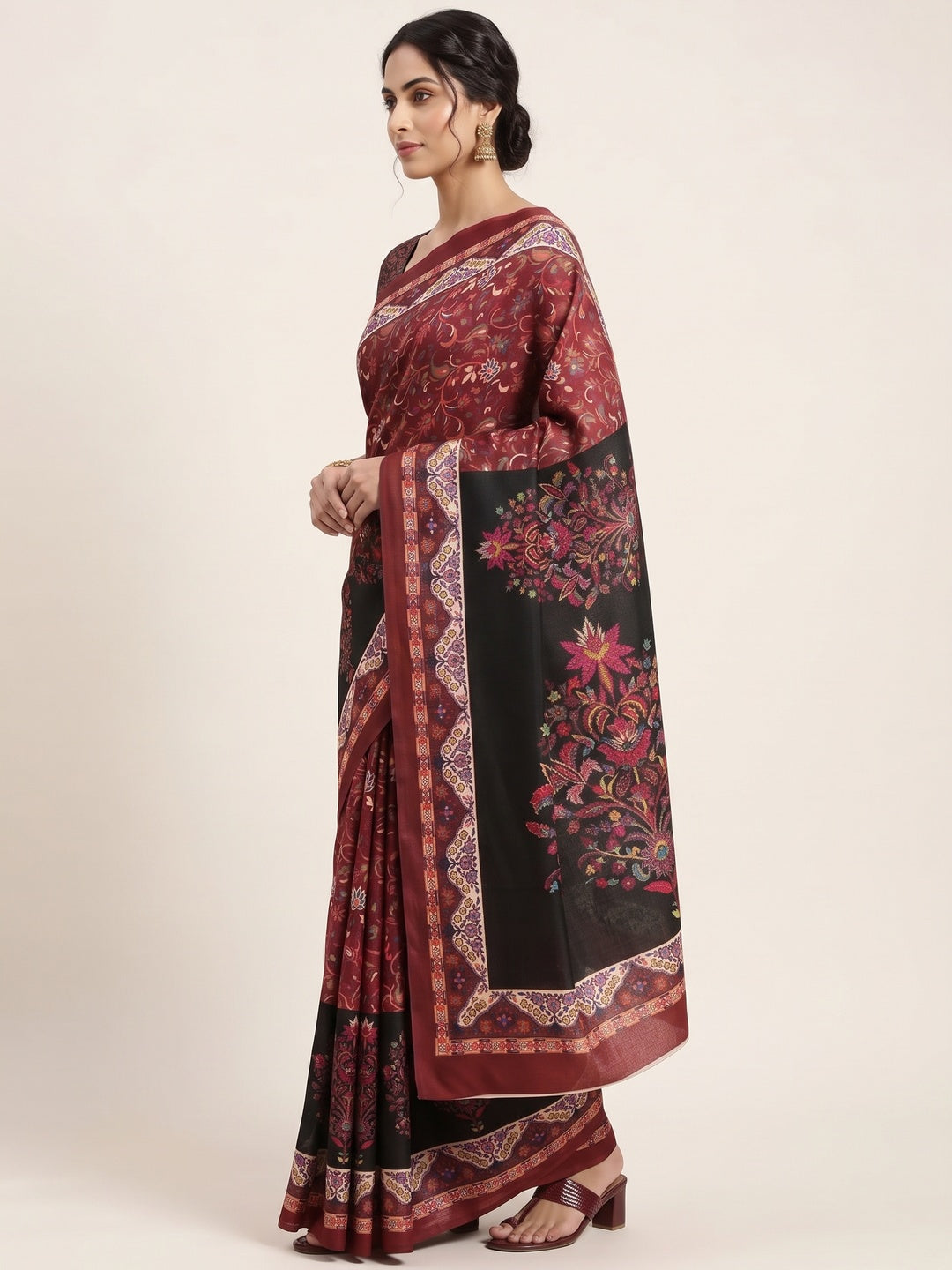 Maroon Floral Digital Printed Pashmina Saree - Image 3