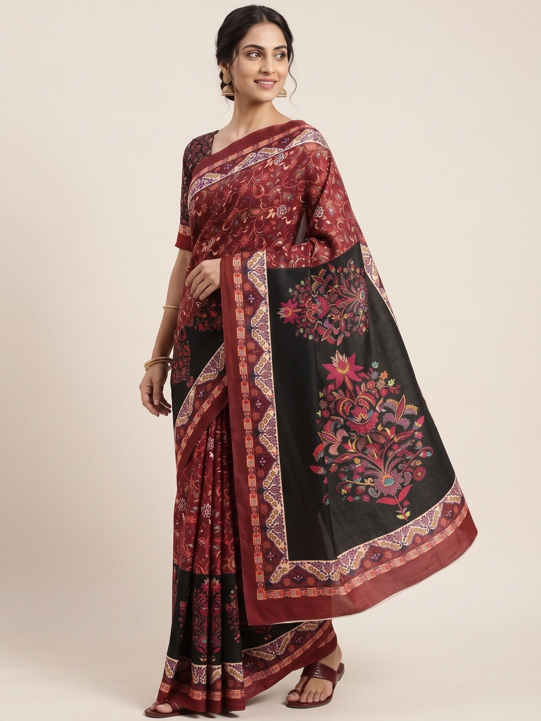 Maroon Floral Digital Printed Pashmina Saree - Image 4