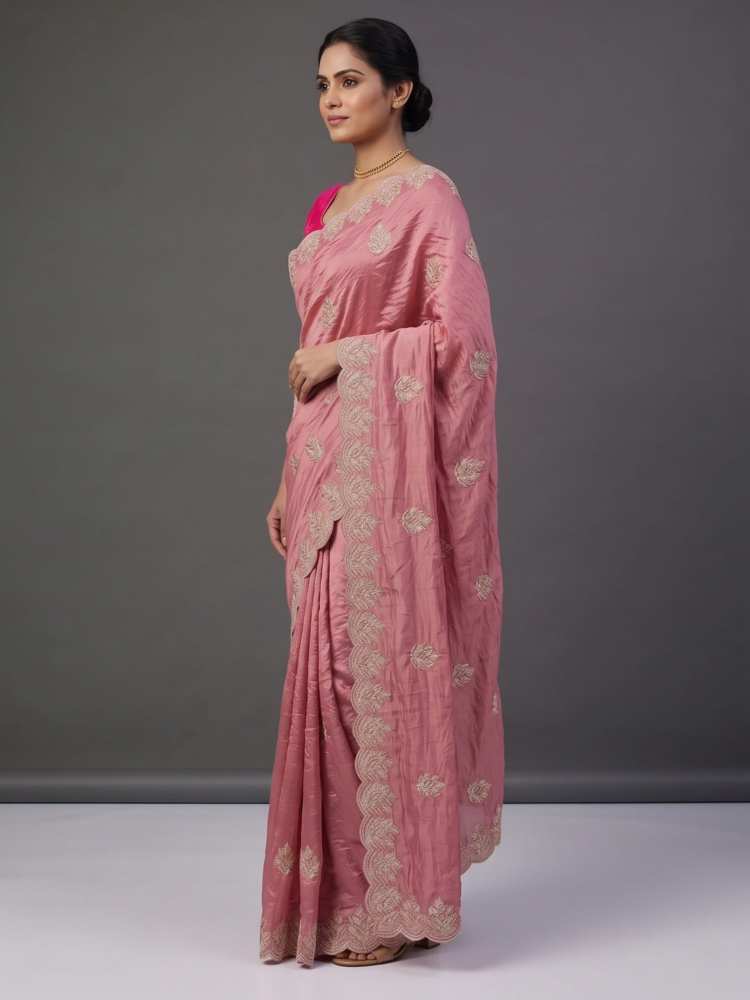 Classic Dusty Pink Silk Blend Crush Saree Beautifully Embellished With Floral Thread Embroidery - Image 3