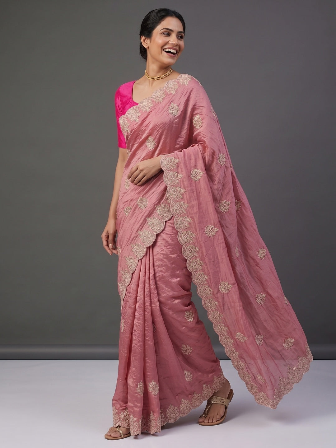 Classic Dusty Pink Silk Blend Crush Saree Beautifully Embellished With Floral Thread Embroidery - Image 4