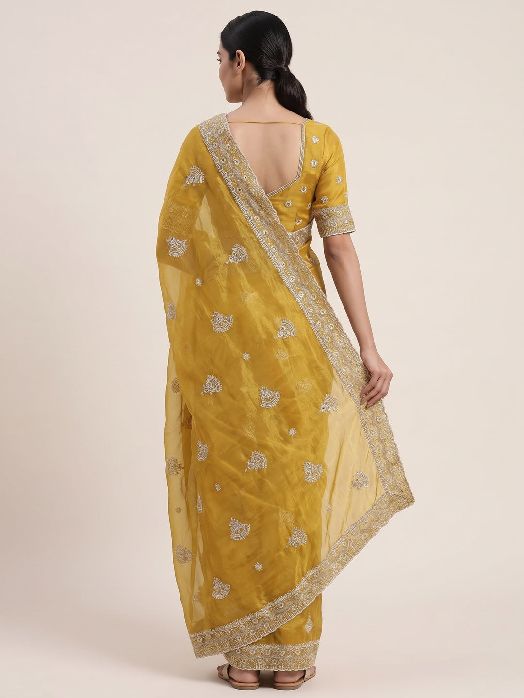 Mustard Cotton Blend Saree With Intricate Floral Thread Embroidery & Sparkling Sequins - Image 2