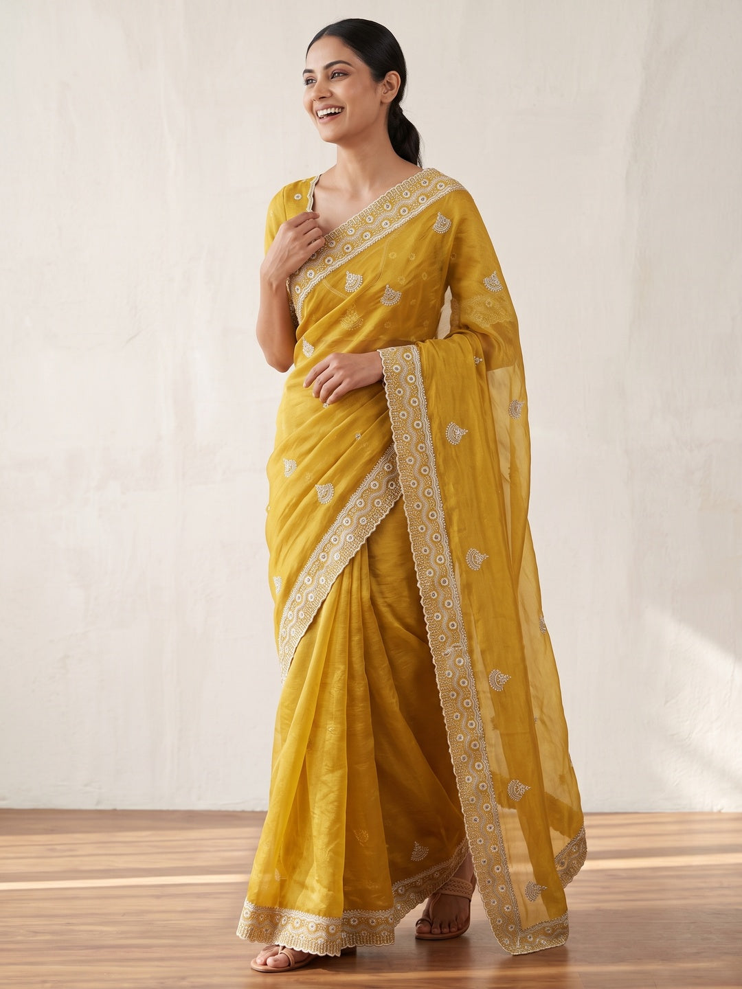 Mustard Cotton Blend Saree With Intricate Floral Thread Embroidery & Sparkling Sequins - Image 4