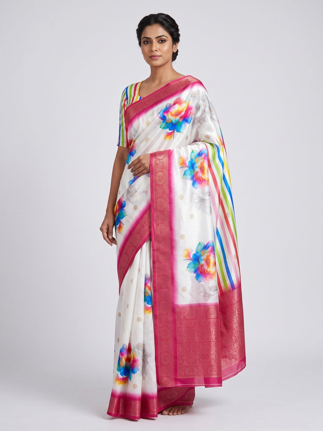 White Floral Digital Printed Dola Silk Saree With Woven Border - Image 1