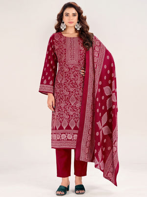 Maroon Floral Printed Pure Pashmina Soft & Warm Dress Material for Winter - Image 1
