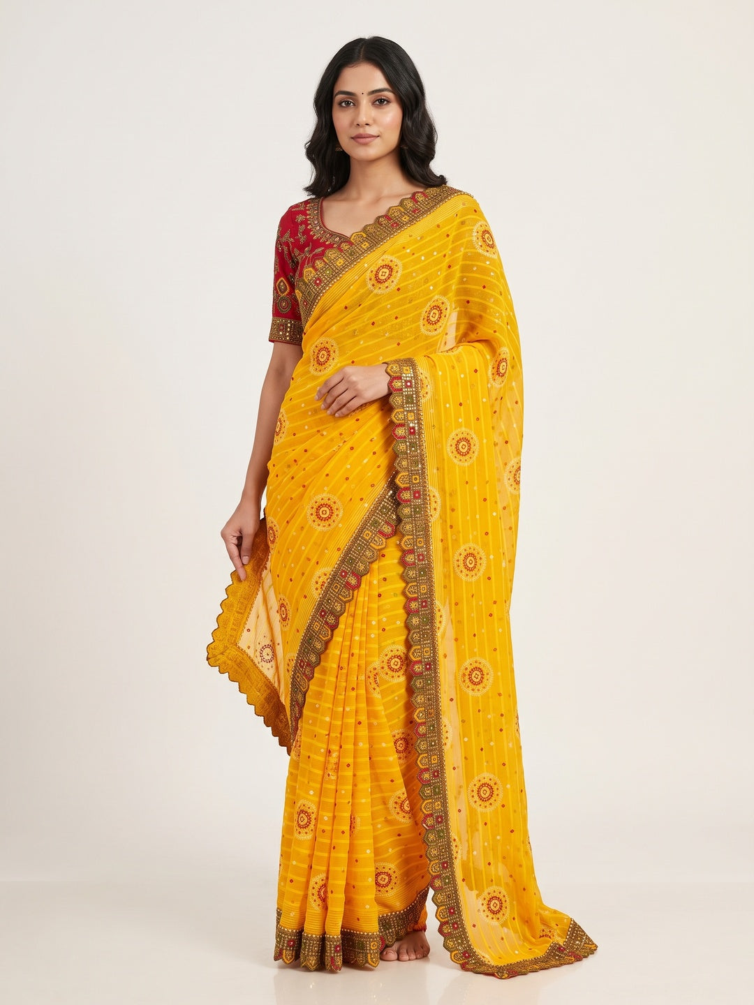 Yellow Bandhani Printed Georgette Saree for Festive Wear with Lace Detailing - Image 1