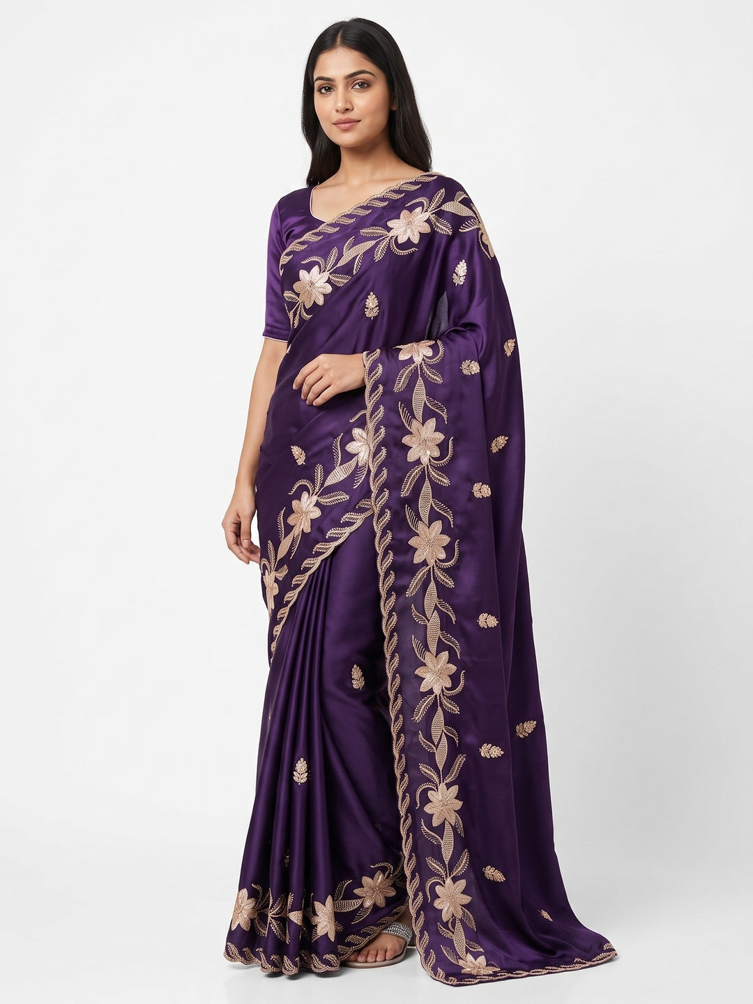 Royal Purple Sequins Work Embroidered Satin Saree for Special Occasions - Image 1