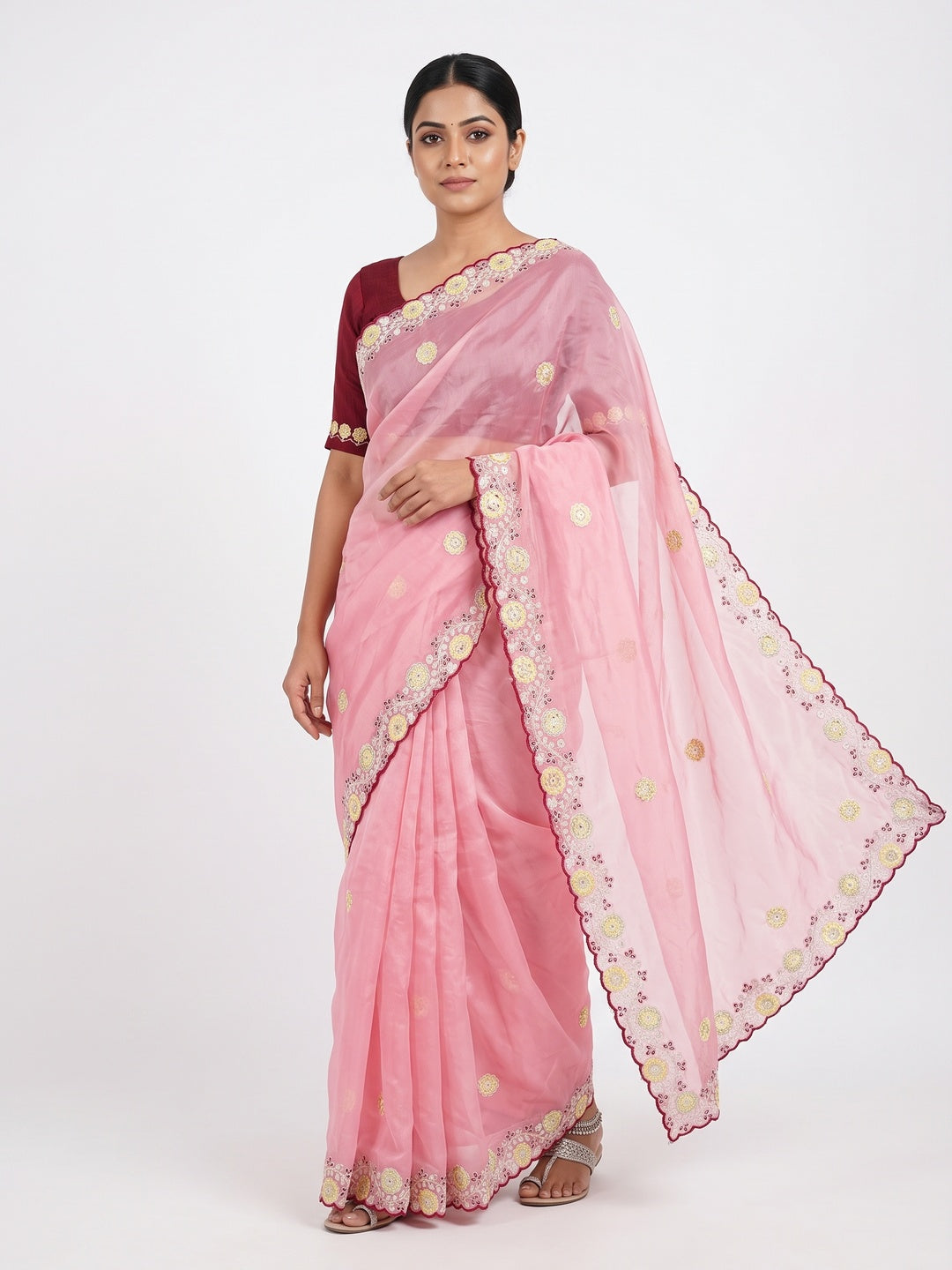 Pink Organza Saree Adorned with Intricate Floral Embroidery - Image 1
