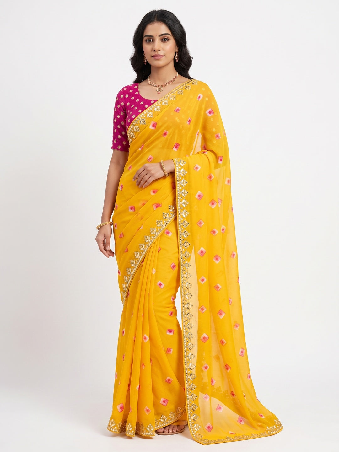Yellow Bandhani Printed Chiffon Saree With Sequins Embroidered Border - Image 1