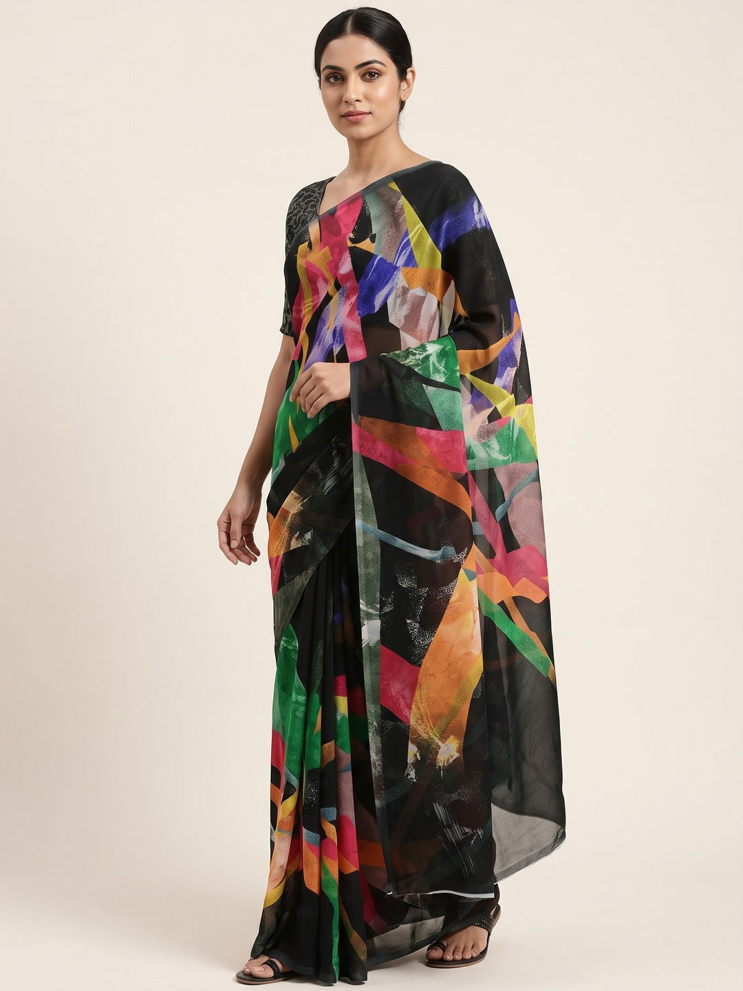 Black Floral Digital Printed Georgette Saree - Image 1